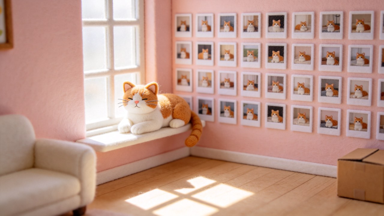 窗台上的猫，身后整面墙的拍立得